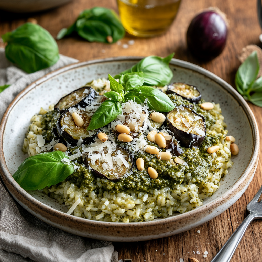 אורז עם חצילים ופסטו – שילוב איטלקי-ים תיכוני