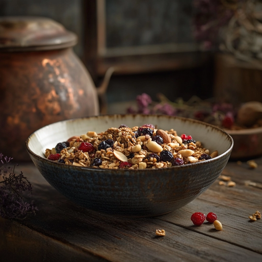 גרנולה פרוביוטית עם אגוזי ברזיל ופירות יער מיובשים