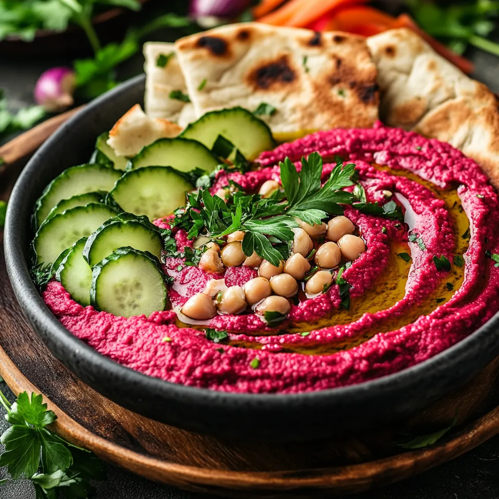 חומוס אדום עם סלק, שום קלוי ושמן זית ארומטי