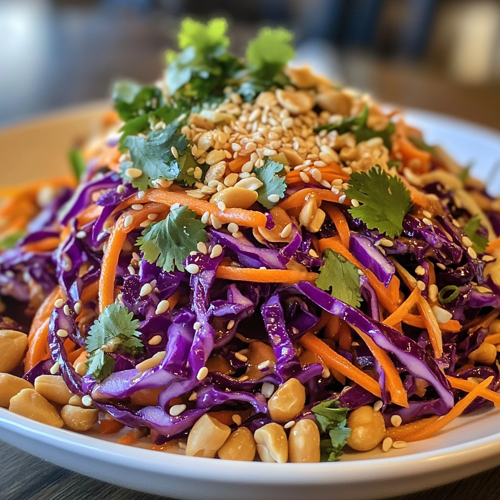 סלט אסייתי עם כרוב סגול, גזר ורוטב חמאת בוטנים