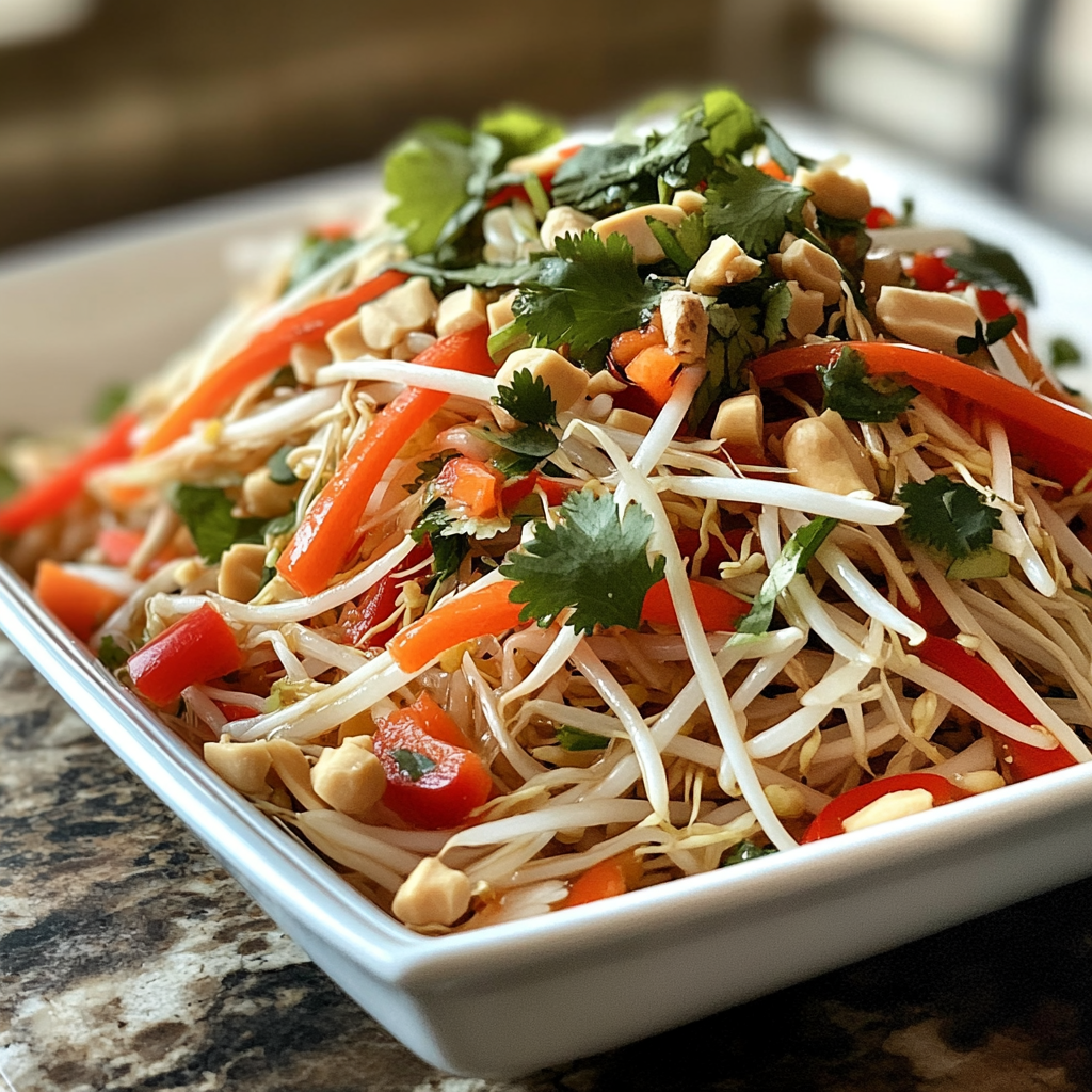 סלט אסייתי קריספי עם נבטים, כוסברה ואטריות אורז