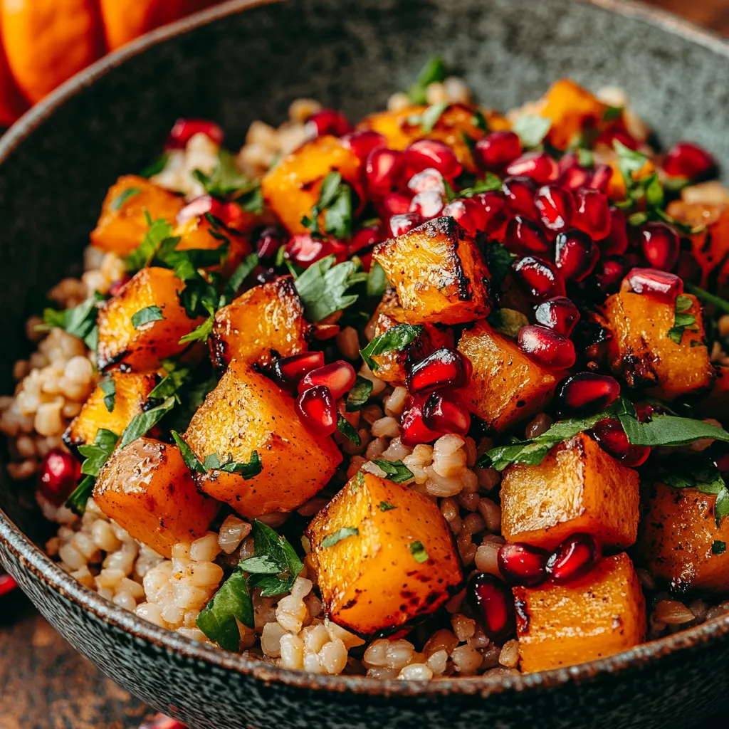 סלט גריסים עם קוביות דלעת צלויה, רימונים ועשבי תיבול טריים