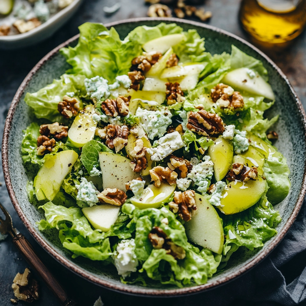 סלט חסה עם תפוחים ירוקים, אגוזי מלך וגבינת רוקפור