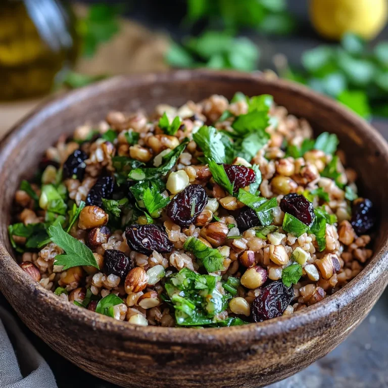 סלט כוסמין עם דובדבנים מיובשים, אגוזי לוז ועשבי תיבול טריים