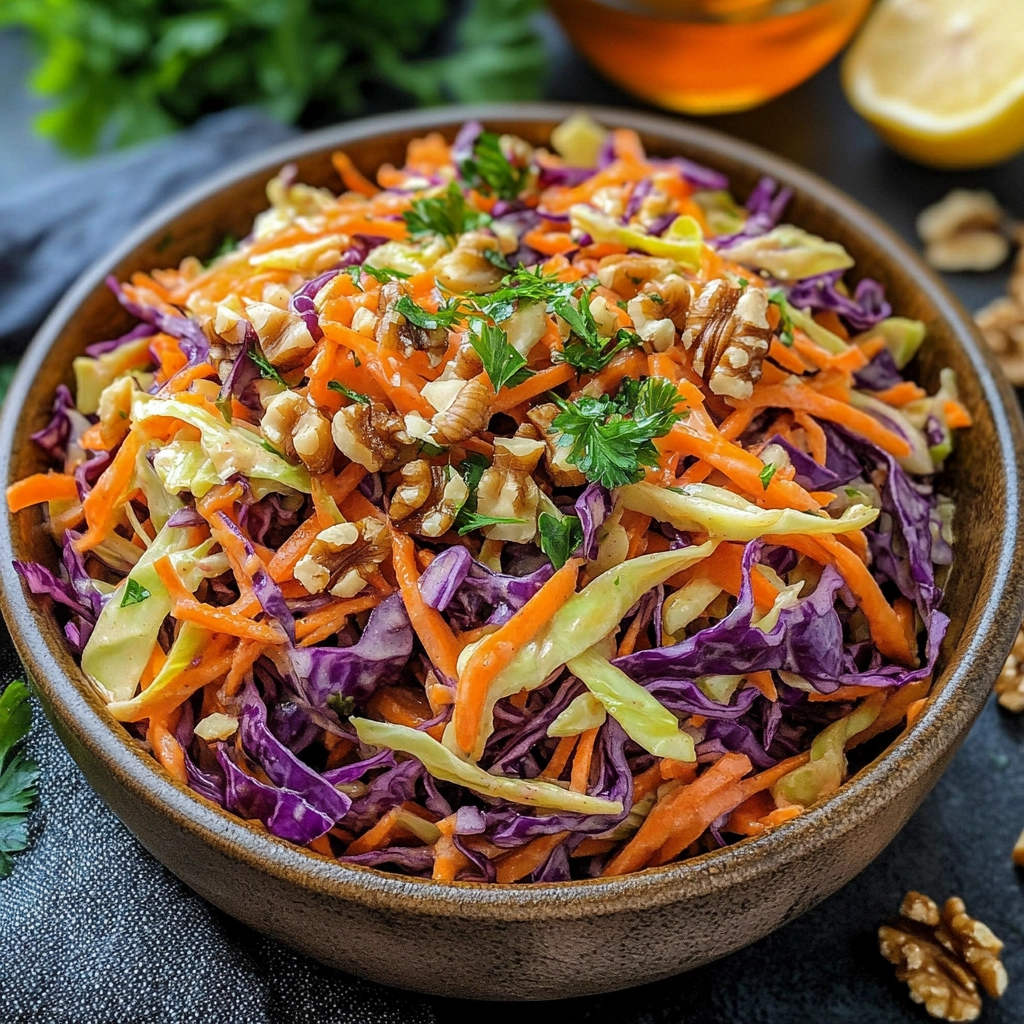 סלט כרוב וגזר עם אגוזי מלך ורוטב לימון דבש – שילוב מפתיע וטעים