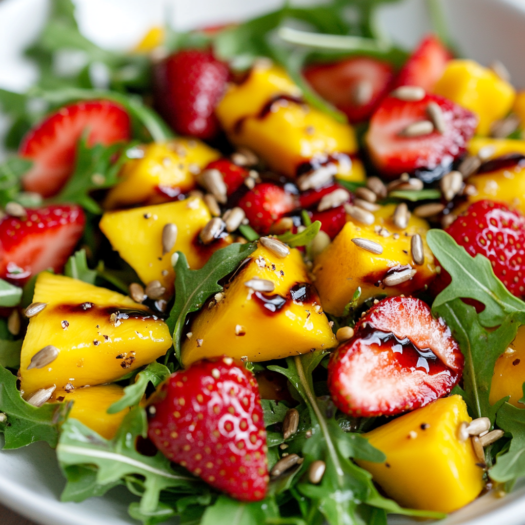 סלט מנגו טרי ותותים עם רוקט וגרעיני חמניה – מתכון מרענן
