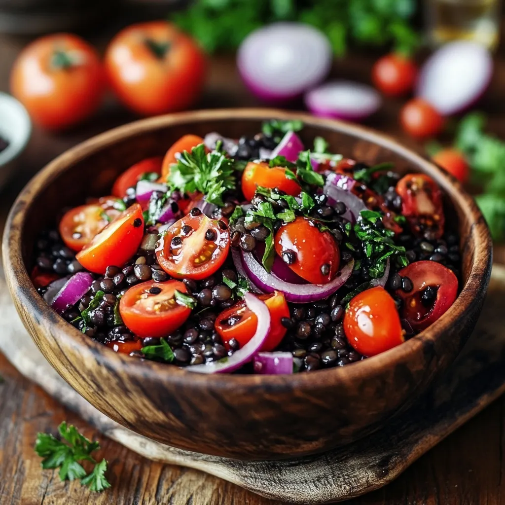סלט עדשים שחורות עם עגבניות שרי ובצל סגול – טעים ומשביע