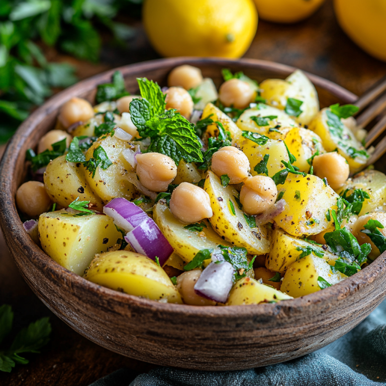 סלט תפוחי אדמה וגרגירי חומוס עם לימון ונענע