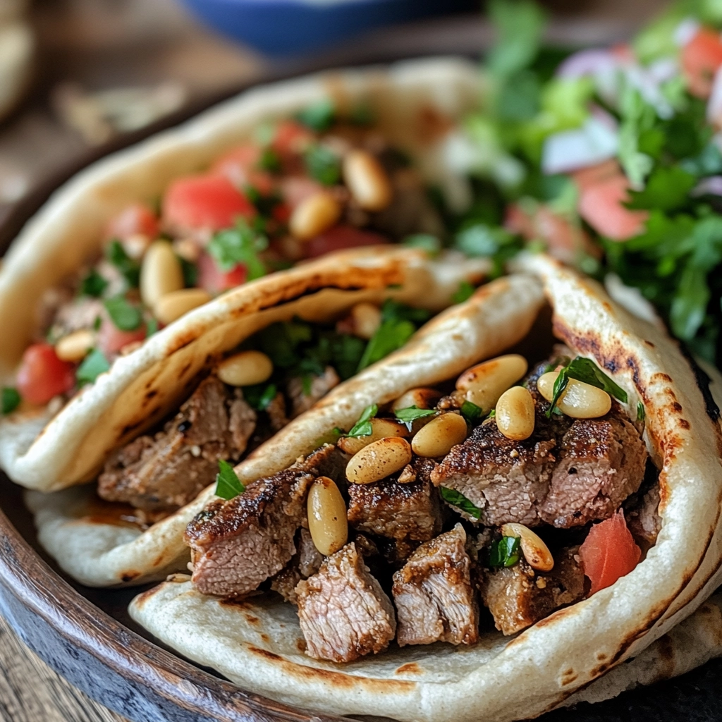 עראיס עם טלה מתובל וצנוברים על האש