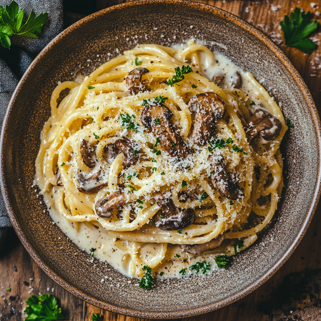 פסטה ברוטב יוגורט ופטריות צלויות