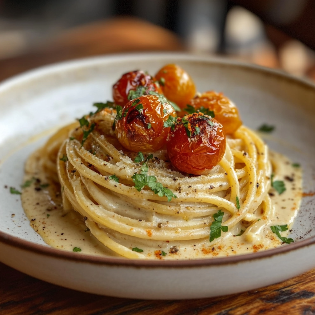 פסטה עם רוטב טחינה ועגבניות שרי צלויות