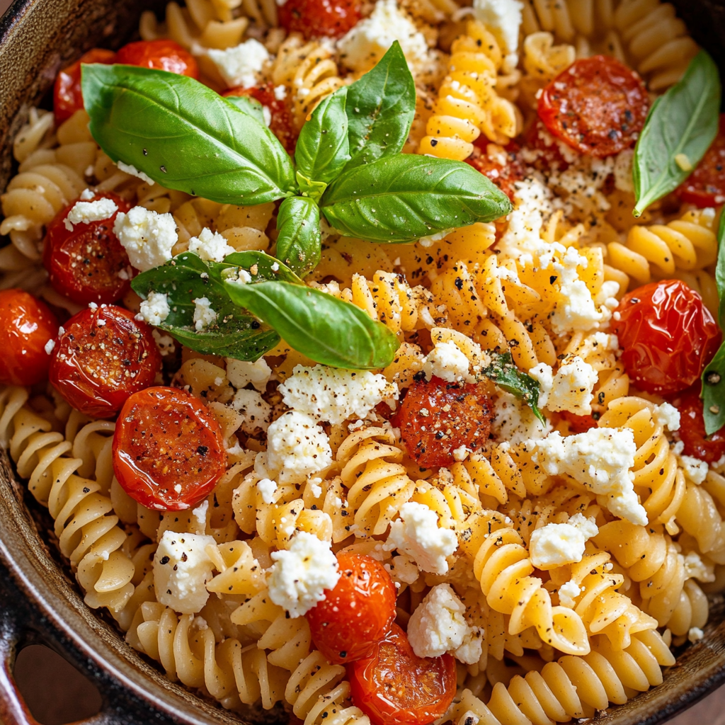 פסטה עם רוטב עגבניות צלויות וגבינת פטה בסיר אחד