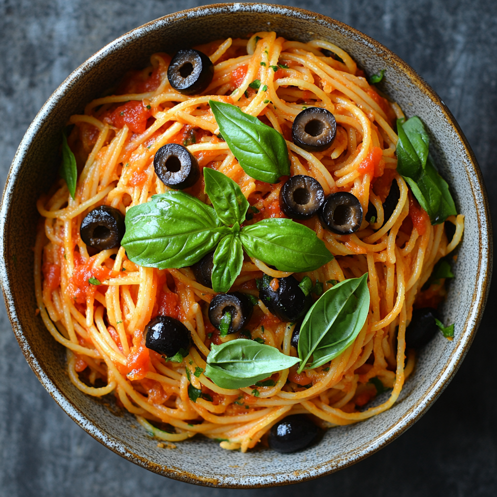 פסטה עם רוטב פלפלים קלויים וזיתים בסיר אחד