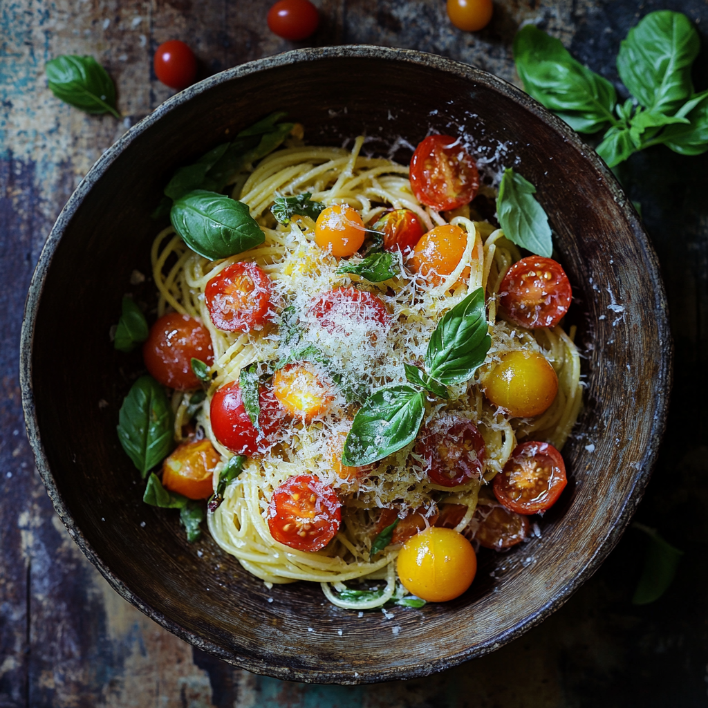 פסטה עם רוטב שמן זית, עגבניות שרי ובזיליקום