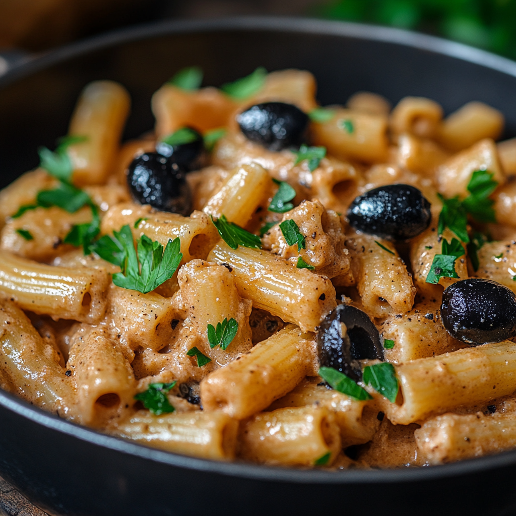 פסטה עם רוטב שמנת קשיו וזיתים בסיר אחד