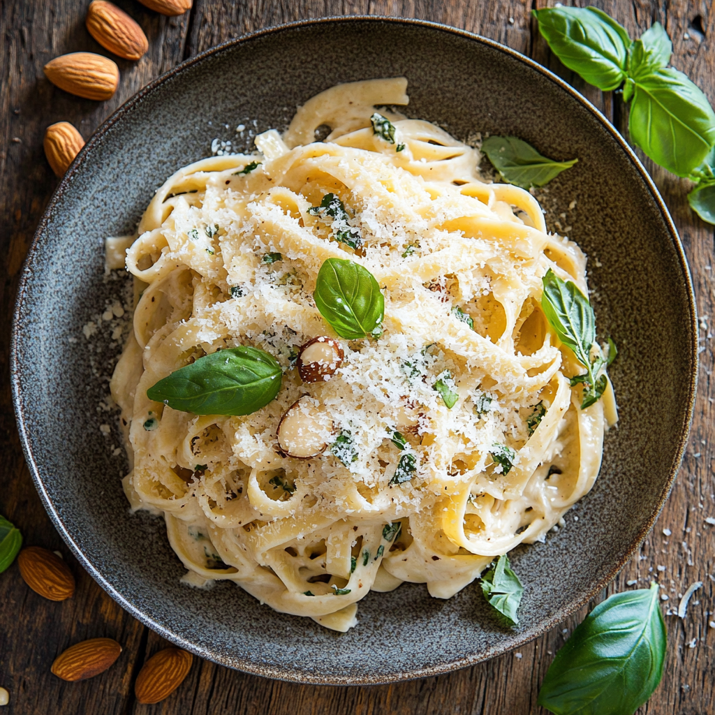 פסטה עם רוטב שקדים, בזיליקום ואורגנו